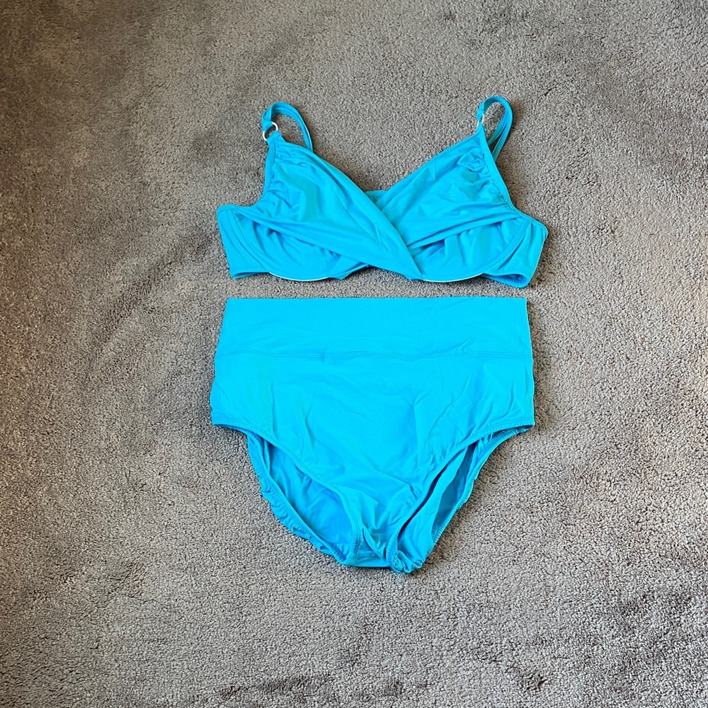 Tara Grinna Blue Bikini Set High Waisted Bottom Underwire Top Swim SIZE 20